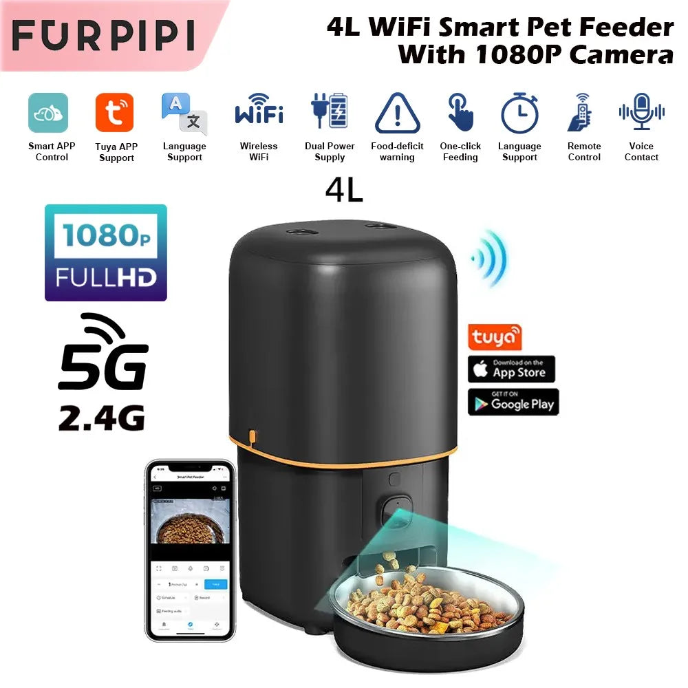 Automatischer Futterspender für Katzen mit Kamera, intelligenter Futterspender für Katzenfutter und Trockenfutter, 2,4 G/5 GWiFi, Tuya-App-Steuerung, automatischer Futterspender für Katzen und Hunde