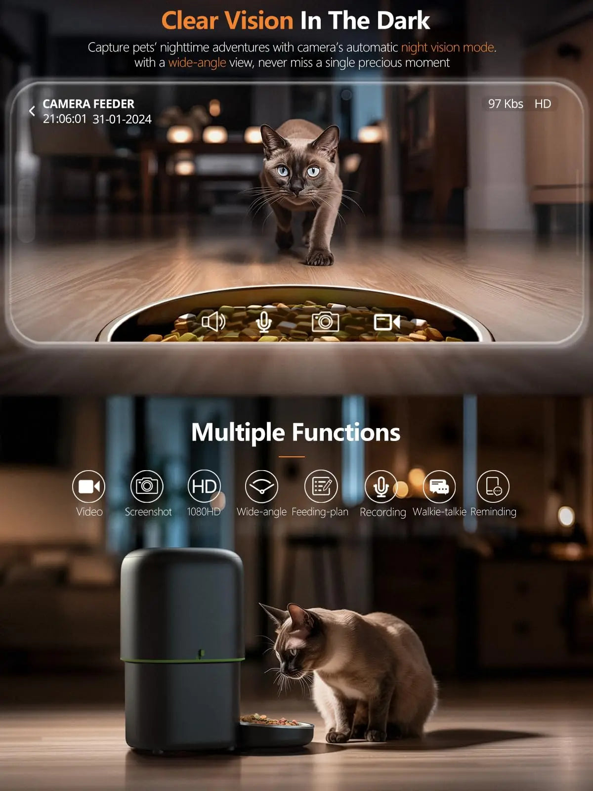 Automatischer Futterspender für Katzen mit Kamera, intelligenter Futterspender für Katzenfutter und Trockenfutter, 2,4 G/5 GWiFi, Tuya-App-Steuerung, automatischer Futterspender für Katzen und Hunde