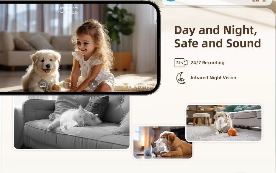 Blurams 2.4＆5G WiFi-Innenkamera, 2K, 360° PTZ-IP-Überwachungskamera für Haustiere mit Telefon-App, 2-Wege-Gespräch, Nachtsicht, für die Sicherheit zu Hause