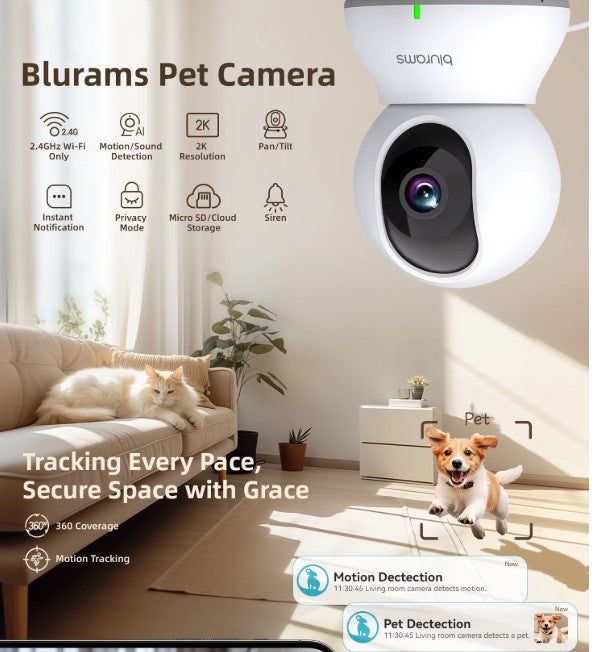 Blurams 2K 360° WiFi Pet & Home Security Camera – Dual-Band 2.4G/5G, Night Vision, 2-Way Talk, Smart App Control 📷🐾